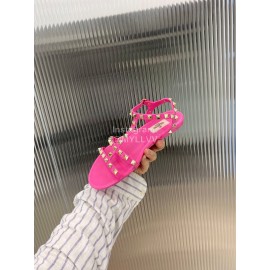 Valentino Fashion Rivet Flat Heel Sandals For Women Rose Red