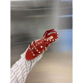 Valentino Fashion Rivet Flat Heel Sandals For Women Red