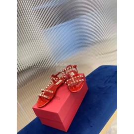 Valentino Fashion Rivet Flat Heel Sandals For Women Red