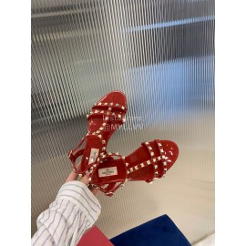 Valentino Fashion Rivet Flat Heel Sandals For Women Red