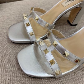 Valentino Summer Rivet Sheepskin High Heel Sandals Silver