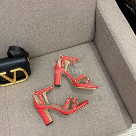 Valentino Summer Rivet Sheepskin High Heel Sandals Orange Red