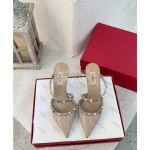 Valentino Fashion Cow Patent Leather Pointed High Heel Sandals Apricot