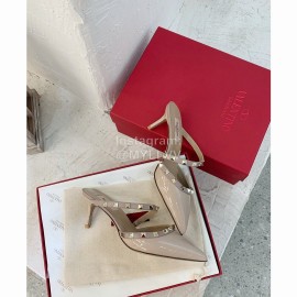 Valentino Fashion Cow Patent Leather Pointed High Heel Sandals Apricot