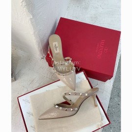 Valentino Fashion Cow Patent Leather Pointed High Heel Sandals Apricot