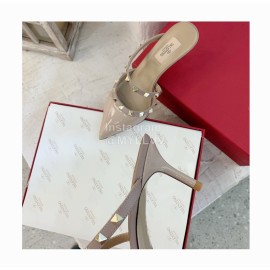 Valentino Fashion Cow Patent Leather Pointed High Heel Sandals Apricot