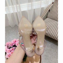Valentino Fashion Cow Patent Leather Pointed High Heel Sandals Apricot