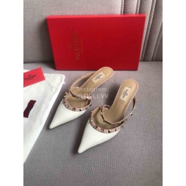 Valentino Classic Leather Rivet High Heel Sandals For Women White