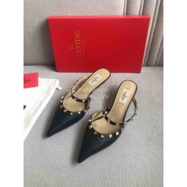Valentino Black Classic Leather Rivet High Heel Sandals For Women