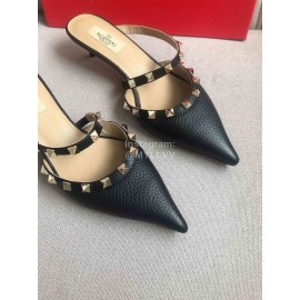 Valentino Black Classic Leather Rivet High Heel Sandals For Women