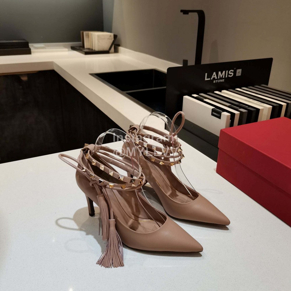 Valentino New Rivet Tassel Sheepskin High Heels Apricot