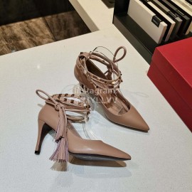 Valentino New Rivet Tassel Sheepskin High Heels Apricot