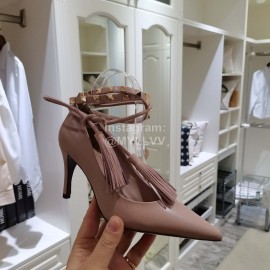 Valentino New Rivet Tassel Sheepskin High Heels Apricot