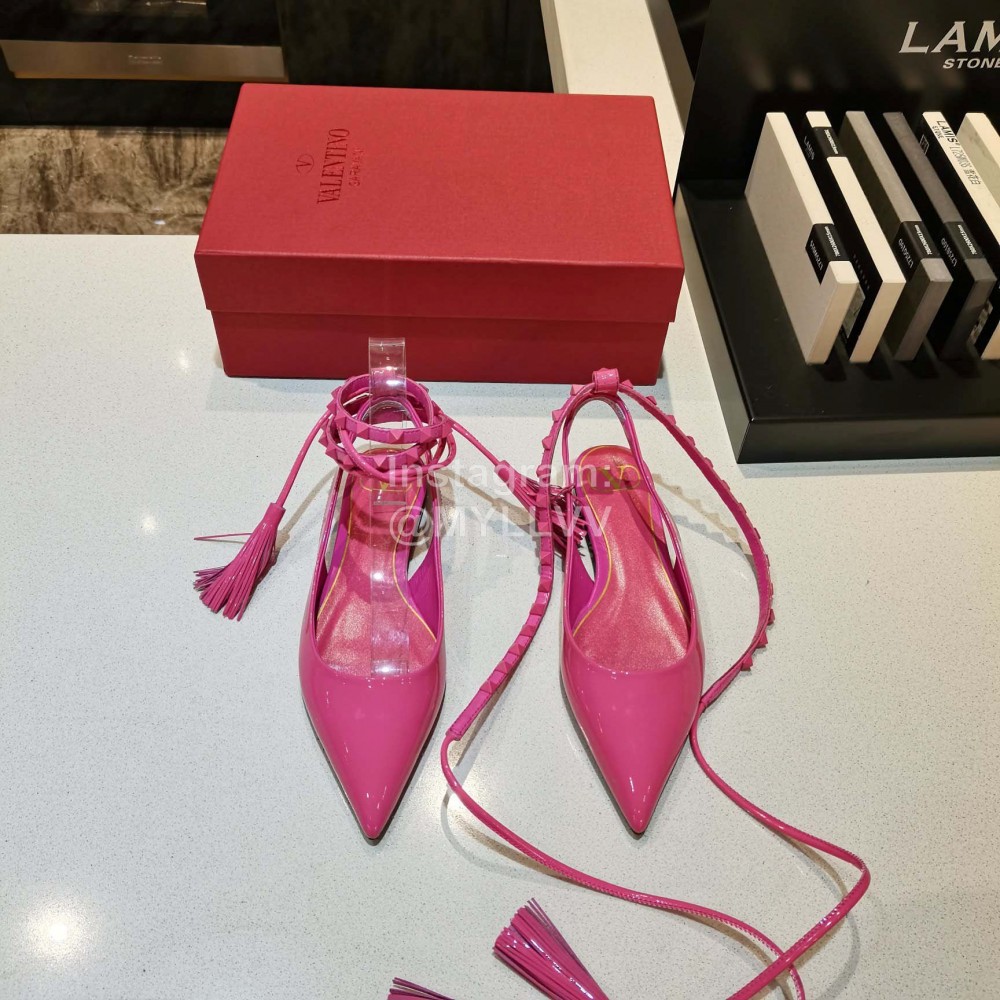 Valentino New Tassel Sheepskin Flat Heel Sandals For Women Rose Red