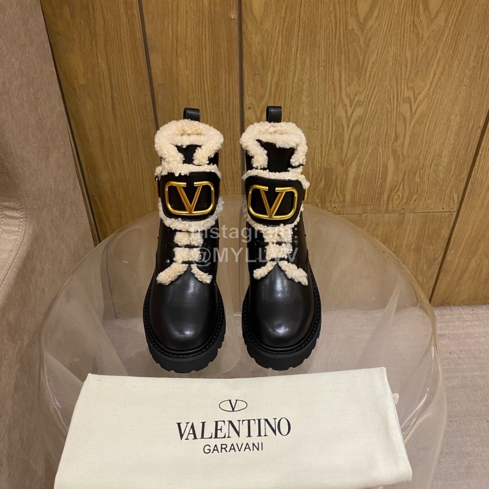 Valentino Autumn Winter Calf Lamb Wool V-Button Martin Boots Black