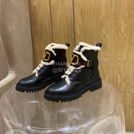 Valentino Autumn Winter Calf Lamb Wool V-Button Martin Boots Black
