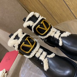 Valentino Autumn Winter Calf Lamb Wool V-Button Martin Boots Black