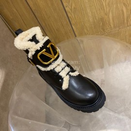 Valentino Autumn Winter Calf Lamb Wool V-Button Martin Boots Black