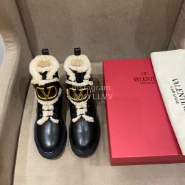 Valentino Autumn Winter Calf Lamb Wool V-Button Martin Boots Black