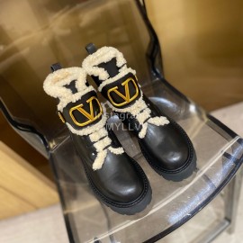 Valentino Autumn Winter Calf Lamb Wool V-Button Martin Boots Black