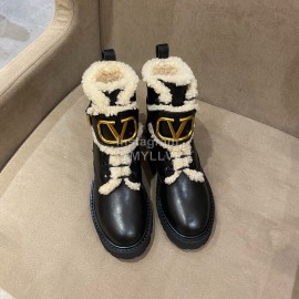 Valentino Autumn Winter Calf Lamb Wool V-Button Martin Boots Black