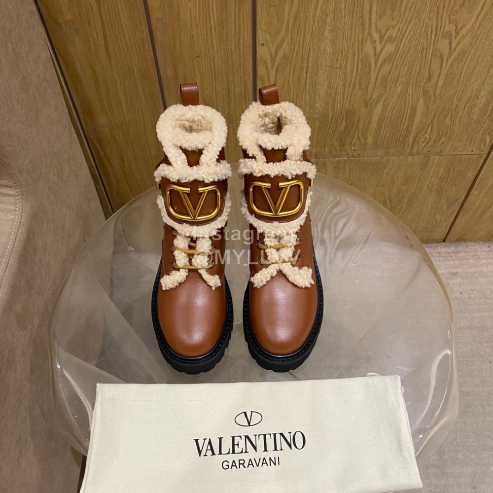 Valentino Autumn Winter Calf Lamb Wool V-Button Martin Boots Brown
