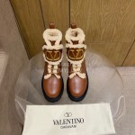 Valentino Autumn Winter Calf Lamb Wool V-Button Martin Boots Brown
