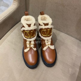 Valentino Autumn Winter Calf Lamb Wool V-Button Martin Boots Brown