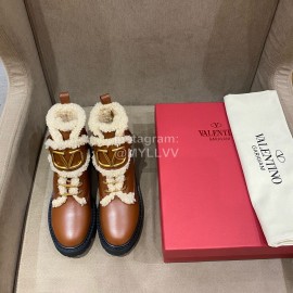 Valentino Autumn Winter Calf Lamb Wool V-Button Martin Boots Brown