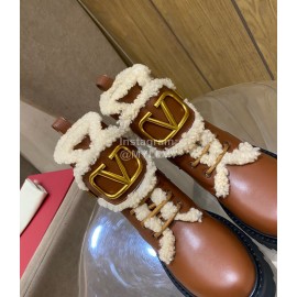 Valentino Autumn Winter Calf Lamb Wool V-Button Martin Boots Brown
