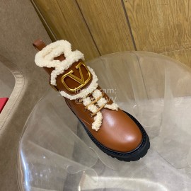 Valentino Autumn Winter Calf Lamb Wool V-Button Martin Boots Brown