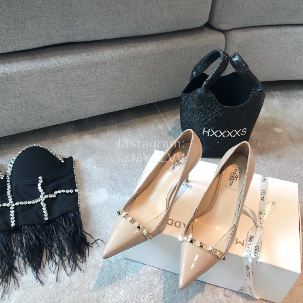 Valentino Rivet Patent Leather Pointed High Heels For Women Pink