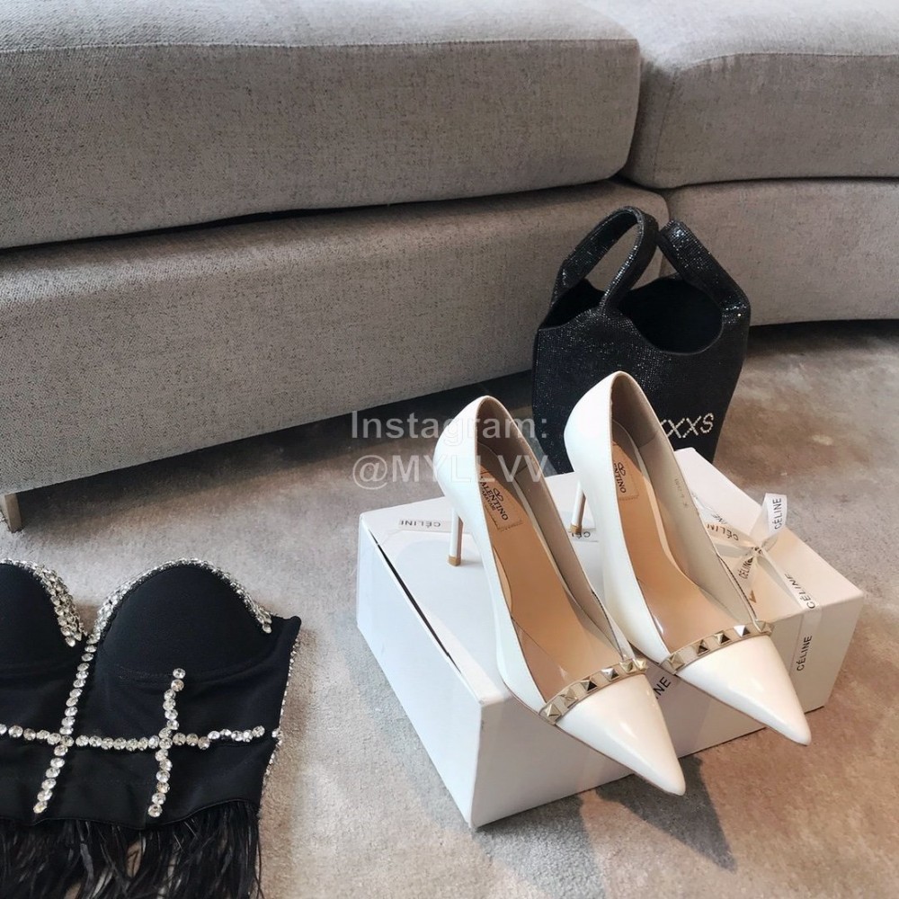 Valentino Rivet Patent Leather Pointed High Heels For Women White