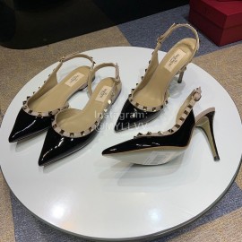 Valentino Classic Cow Patent Leather Riveted Flat Heel Sandals Black