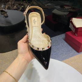 Valentino Classic Cow Patent Leather Riveted Flat Heel Sandals Black