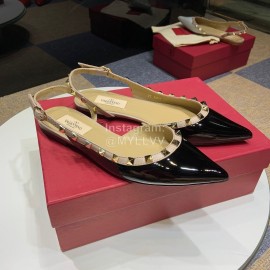 Valentino Classic Cow Patent Leather Riveted Flat Heel Sandals Black