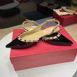 Valentino Classic Cow Patent Leather Riveted Flat Heel Sandals Black