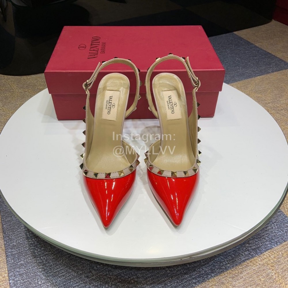 Valentino Classic Leather Rivet High Heel Sandals Red