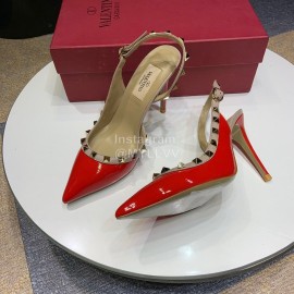 Valentino Classic Leather Rivet High Heel Sandals Red