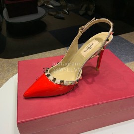 Valentino Classic Leather Rivet High Heel Sandals Red