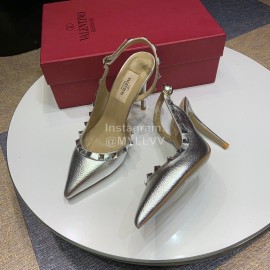 Valentino Classic Leather Rivet High Heel Sandals Silver