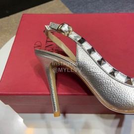 Valentino Classic Leather Rivet High Heel Sandals Silver