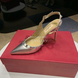 Valentino Classic Leather Rivet High Heel Sandals Silver