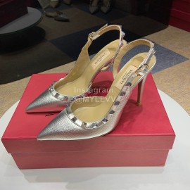 Valentino Classic Leather Rivet High Heel Sandals Silver