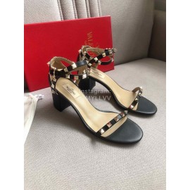 Valentino Black Litchi Cowhide Rivet High Heel Sandals 