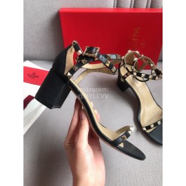 Valentino Black Litchi Cowhide Rivet High Heel Sandals 