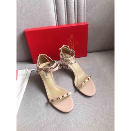 Valentino Pink Litchi Cowhide Rivet High Heel Sandals 