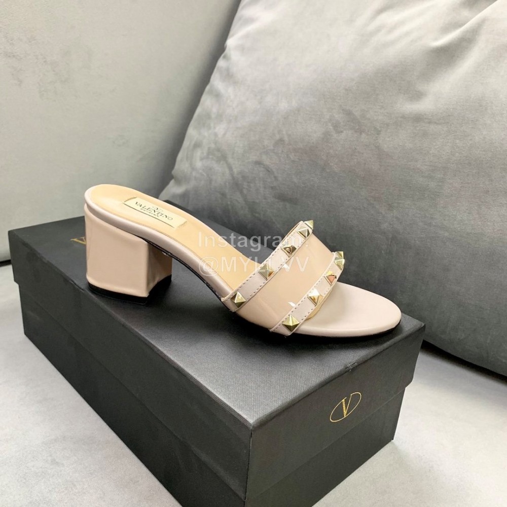 Valentino Simple Patent Leather High Heel Slippers Khaki