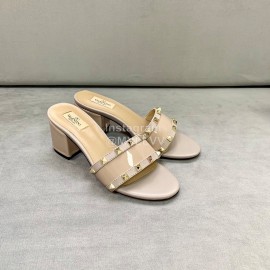 Valentino Simple Patent Leather High Heel Slippers Khaki