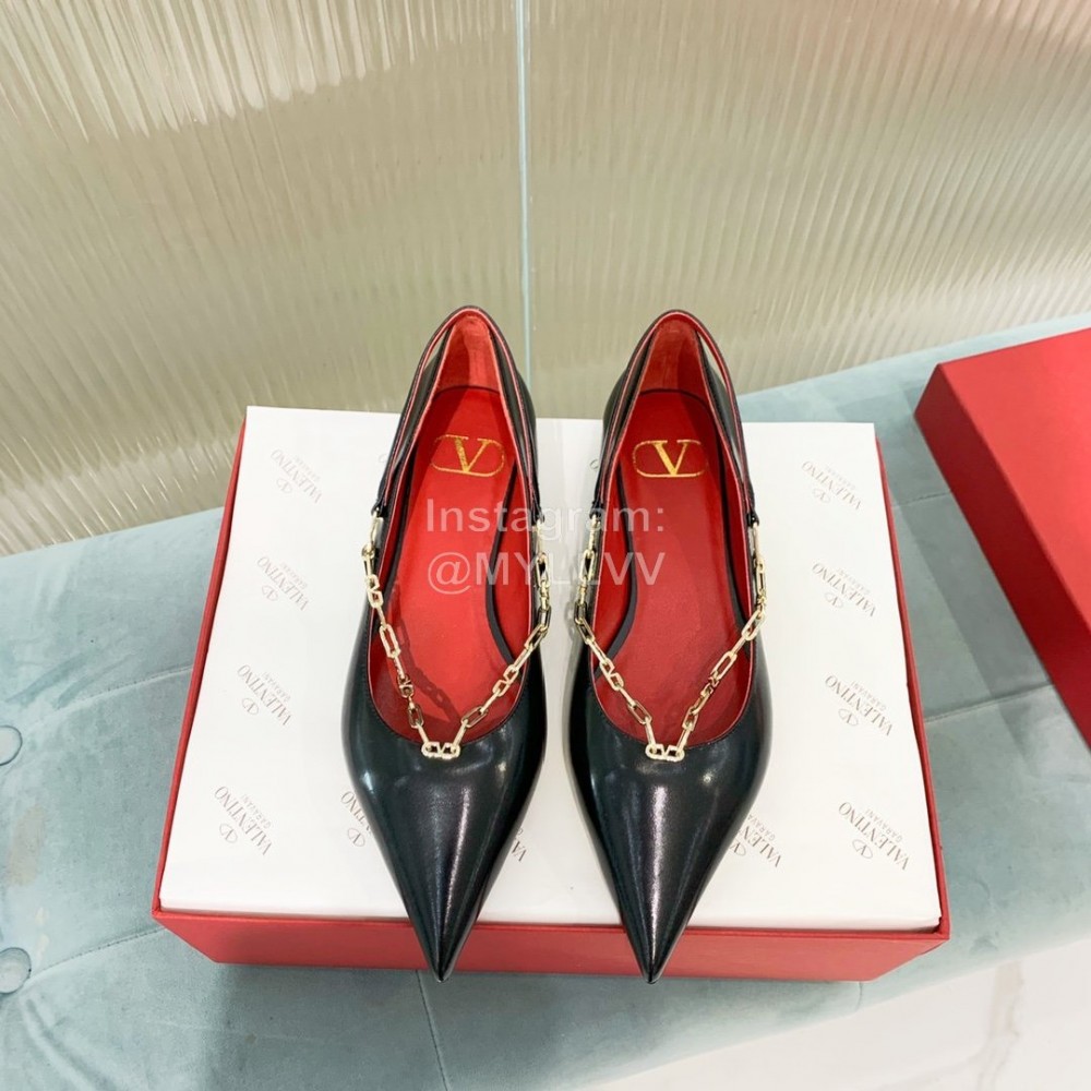 Valentino Fine Chain Pointed Leather Flat Shoes Black